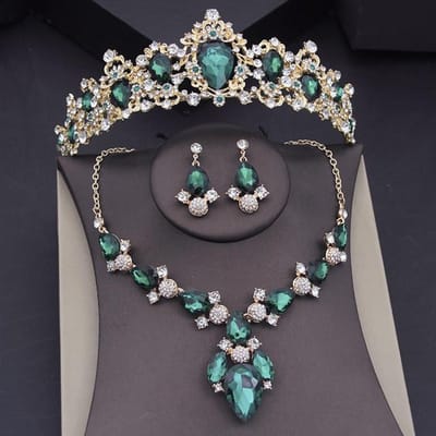 Groene Kroon Sieraden Sets Voor Vrouwen Bruids Choker Ketting Oorbellen Set Trouwjurk Bruid Tiara Kostuum Accessoires gray