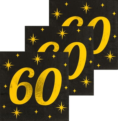 Paperdreams Verjaardag feest servetten - leeftijd 60 jaar - 48x stuks - zwart/goud - sterren - 33 x 33 cm