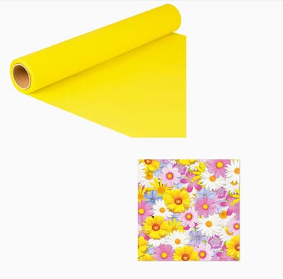 Tafelloper papier "ROYAL Collection" 5 m x 40 cm (1 rol) geel en 20 x tafel Servetten "Daisies Mix" 33x33cm 3 Laags Ecolabel bloemen / Papieren servetten – wegwerpservetten Feest/verjaardag/BBQ/Picknick Lente Zomer