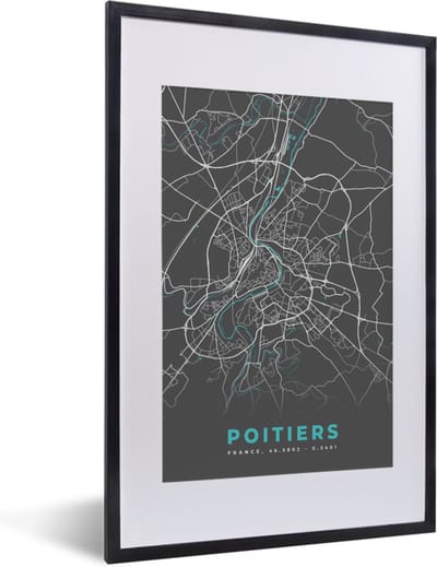 Fotolijst incl. Poster - Poitiers - Frankrijk - Plattegrond - Kaart - Stadskaart - 40x60 cm - Posterlijst