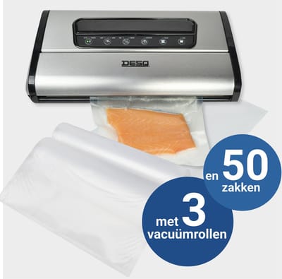 DESQ® 8090 Premium RVS Vacuümmachine - Vacumeerapparaat - Set met 3 Vacuümrollen + 50 Vacuümzakken - Dubbele Pomp - 7 Programma's - Inclusief, Rolhouder & Snijder - Sous Vide - -90 kPa