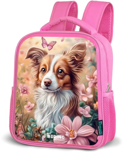 NoBoringSuitcases.com® - Rugzak roze - Schooltas meisjes - Hond in bloemenveld met vlinders - Kinder rugtas meisje - Boekentas kind - Kinderrugzak voor school - Schoolrugzak