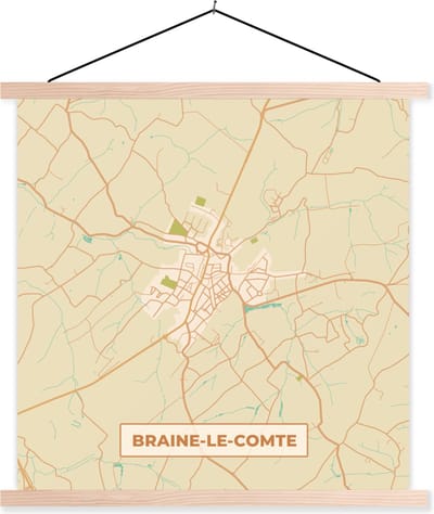 Posterhanger incl. Poster 40x40 cm - Schoolplaat - Vintage - Plattegrond - Kaart - Stadskaart - Braine-le-Comte - Textielposter - Blanke latten - Stadskaart