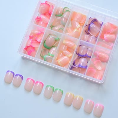 240 stuks Kleurrijke Nagelsickers, Roze, Groen, Paars Gemengde Kleuren, Korte Ronde Vorm, Press-On Nagelsickers, Nagellak Accessoires