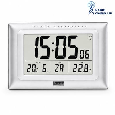 Balance - Wandklok – Zendergestuurde LCD Tafelklok – 26 x 16,5 cm – Met Datum, Dag, Temperatuur, Alarm en Snooze – Zilvergrijs