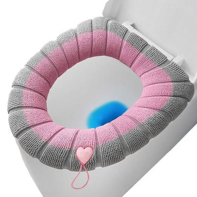 Zachte toiletbrilhoes - Toiletbrilhoes - Zachte toiletdekselhoes - Warme toilethoes - Met handvat - Rekbare badkamertoiletbrilhoes voor de winter - Zacht en warm - Past op de meeste ovale toiletbrillen - Grijs, Roze