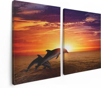 Artaza Canvas Schilderij Tweeluik Twee Dolfijnen bij de Zonsondergang - 120x80 - Foto Op Canvas - Canvas Print