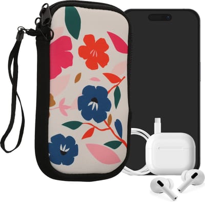 kwmobile hoesje voor smartphones M - 5,5" - hoes van Neopreen - Bonte bloemen design - roze / donkerblauw / crème - binnenmaat 15,2 x 8,3 cm