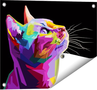Gards Tuinposter Kleurrijke Kat Kijkt naar Boven - Abstract - 50x40 cm - Tuindoek - Tuindecoratie - Wanddecoratie buiten - Tuinschilderij