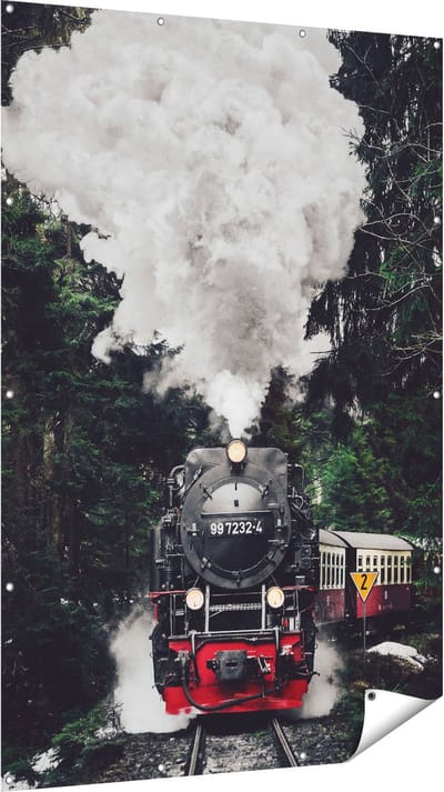 Gards Tuinposter Locomotief in de Bossen met Stoom Wolken - 120x180 cm - Tuindoek - Tuindecoratie - Wanddecoratie buiten - Tuinschilderij