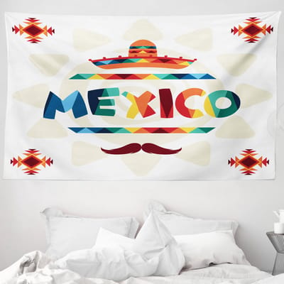 ABAKUHAUS Mexicaans wandtapijt en sprei, Azteekse hoed, 230 x 140 cm, meerkleurig