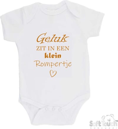 100% katoenen Romper "Geluk zit in een klein rompertje" Unisex Katoen Wit/tan Maat 62/68