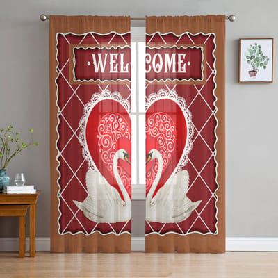 Retro Zwaan Liefde Tule Gordijnen Voor Woonkamer Slaapkamer Huisdecoratie Chiffon Transparant Voile Keukengordijn 135W x 114H(cm) brown
