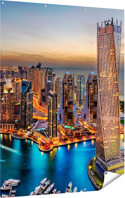 Gards Tuinposter Dubai Haven met de Stad - 120x160 cm - Tuindoek - Tuindecoratie - Wanddecoratie buiten - Tuinschilderij
