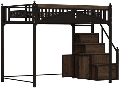 Metalen hoogslaper 140 x 200 cm, metalen veiligheidshek met metalen bol en raamdesign, klimladder verwisselbaar van links naar rechts, veiligheidsladder met opbergvakken, zwart