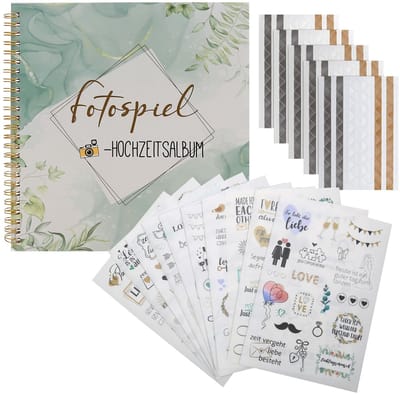 Dailygoods - Gastenboek voor bruiloft, bruiloftsboek, gastenboek met 5 mooie stickers en 510 fotohoeken, bruiloftsgastenboek, ideeën, bruiloftsalbum, gepersonaliseerd fotospel, groen, 21 x 22 cm