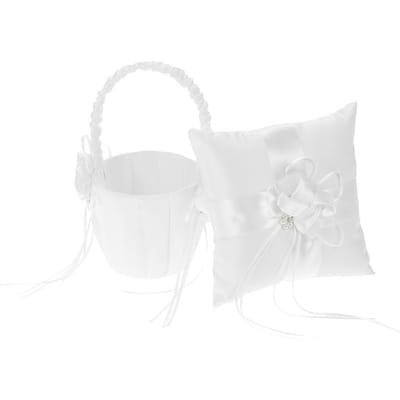 7 * 7 pouces ivoire blanc satin fleur bowknot anneau porteur oreiller et mariage fleur fille panier ensemble white