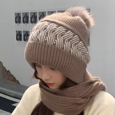 BRD® Winter | 2-in-1 Gebreide Muts en Sjaal bruin dik met pompon