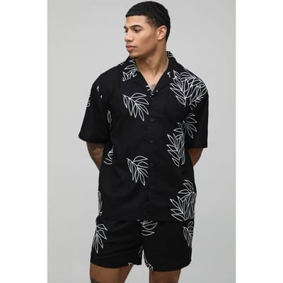 Oversized Linnen Shirt Met Palmboom Borduursel & Relaxed Short Set | Black | Size XS