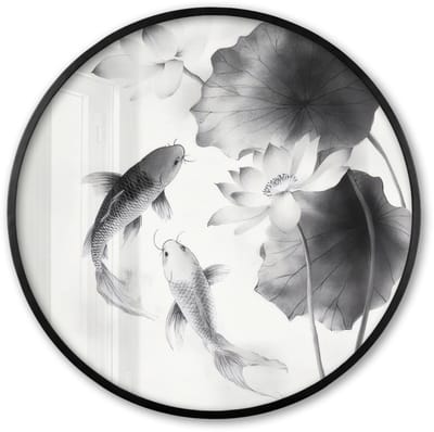 Poster in lijst Rond - Fotolijst 60x60 cm - Posters - Lotusbloemen - Vissen - Bladeren - Zwart - Ronde posterlijst zwart - Decoratie - Wanddecoratie woonkamer - Muurdecoratie slaapkamer