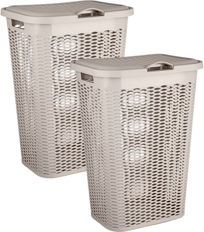 Plasticforte Wasmand Ventilation - 2x - met deksel - beige - kunststof - 51 liter - 43 x 35 x 61 cm - Badkamer - Wasgoed - Nieuw design - Zeer stevig
