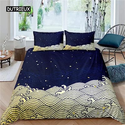 Dekbedovertrek Japanse Stijl Zee Oceaan Golven Nautisch Handgetekend Japanse Stijl Overtrek Illustratie Ukiyoe Thema Decor Blauw Crème AU King(245x210cm)