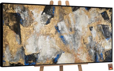 Canvas schilderij groot handgeschilderd gouden contrast abstract krachtig – YS-Art Gallery – Luxe wanddecoratie voor woonkamer – Modern schilderij voor slaapkamer en kantoor