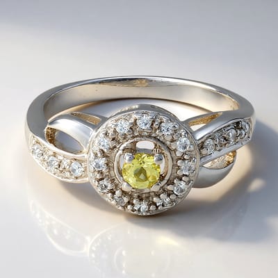 Cavill - Zilveren Ring met 0,12ct Gele Beryl Rond geslepen en 0,248ct Zirkonia - 925 Sterling Zilver - Elegante Sieradenmaat 17
