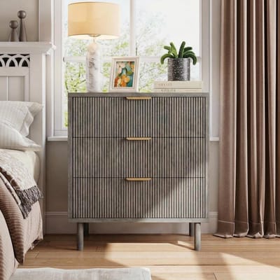 Moderne Ladekast met 3 Lades - Houten Commode met Metalen Poten & Geribbelde Voorkant - Opbergkast voor Slaapkamer, Hal & Woonkamer - 70x40x76 cm -Grijs
