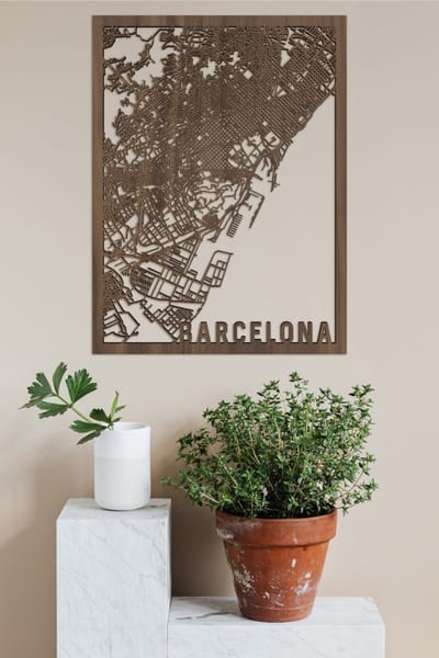 Houten Stadskaart Barcelona Notenhout 100x75cm Wanddecoratie Voor Aan De Muur City Shapes