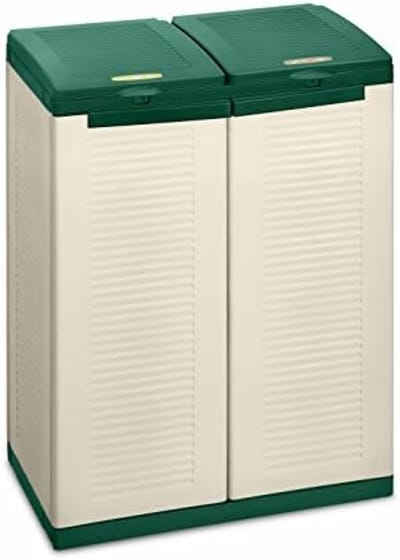 PromoHome Ecocab 2 Afvalscheidingskast voor Binnen en Buiten - Dubbele Prullenbak met 2 Aparte Vakken - Beige/Groen Kunststof Afvalcontainer - 68 x 39 x 88,7 cm