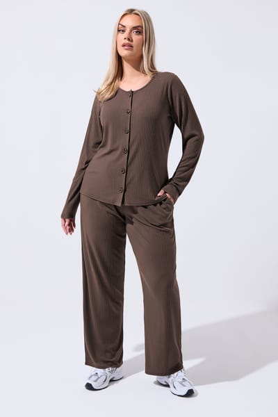Limited Collection Bruine Geribbelde Top Met Knoopsluiting Size 42