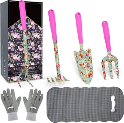 6 Pieces Beautiful Print Garden Tools Set for Women - Transplant Trowel, Fork, Hand Rake, Cultivator, Gloves, and Knee Cushion