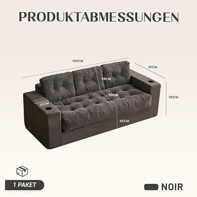 3-Zits Vloerbank 190x80x55 cm – Boneless Corduroy Lounge Sofa met Rugleuning, Armleuningen & Dubbele Bekerhouders – Geen Montage Nodig – Grijs – Abkantoor