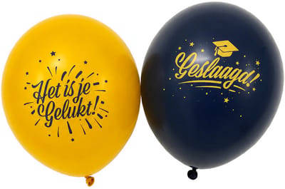 Geslaagd Latexballonnen – Set van 12 – Blauw en geel – Diploma – Versiering – Geslaagd decoratie – Viering - Slagen - Examens - Geslaagd versiering -