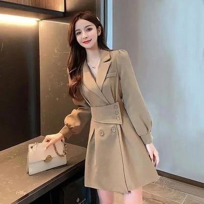 Robe à manches longues et col de costume pour femme, coupe-vent de style coréen, jupe courte, jupe trapèze, printemps et automne S gray