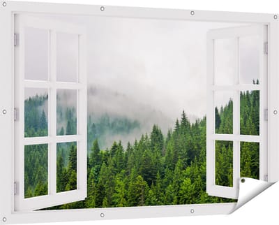 Gards Tuinposter Doorkijk Groen Bos met Bomen tijdens de Mist - 150x100 cm - Tuindoek - Tuindecoratie - Wanddecoratie buiten - Tuinschilderij