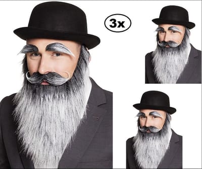 3x Baard met snor en wenkbrauwen grijs