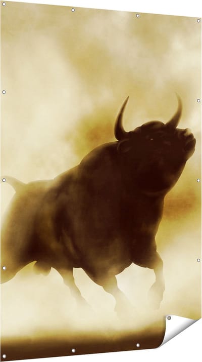 Gards Tuinposter Zwarte Stier in het Stoffige Rook - 120x180 cm - Tuindoek - Tuindecoratie - Wanddecoratie buiten - Tuinschilderij
