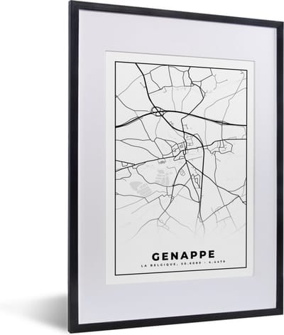 Fotolijst incl. Poster Zwart Wit- Stadskaart – Plattegrond – België – Zwart Wit – Genappe – Kaart - 30x40 cm - Posterlijst