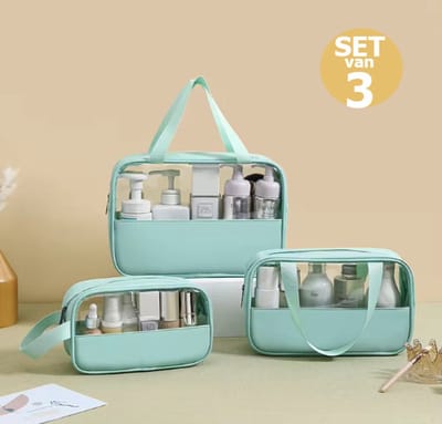 CenZ® Toilettas, Make Up Tasje, Transparant, Toilettassen, Make Up Koffer, SET van 3, Beautycase, Make Up Organizer, Make Up Tas, Reistas, Toilettas Dames, Etui, Beautycase Koffer, Cosmetica Tas, Verjaardag, Moederdag, Valentijnsdag, Cadeau, TURKOOIS
