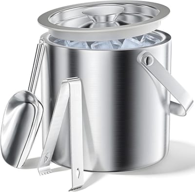 Dubbelwandige geïsoleerde ijsemmerset van roestvrij staal met deksel, ijsschep en tang - perfect voor cocktails, feesten en thuisbars, houdt ijs langer bevroren