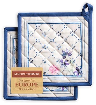 Faïence 100% katoenen set met 2 pannenlappen voor BBQ en koken - lente/zomer (20 CM x 20 CM)