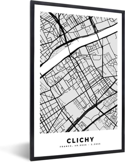 Fotolijst incl. Poster - Stadskaart - Frankrijk - Kaart - Clichy - Plattegrond - 40x60 cm - Posterlijst