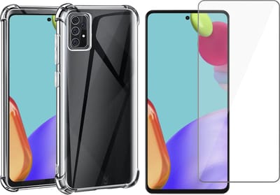 Hoesje geschikt voor Samsung Galaxy A52 - Anti Shock Proof Siliconen Back Cover Case Hoes Transparant - Tempered Glass Screenprotector