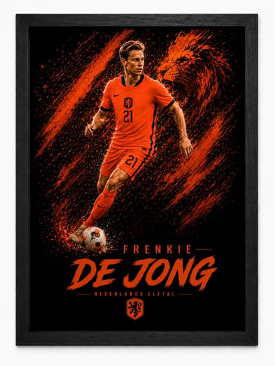 Frenkie de Jong Nederland Poster KNVB Inclusief Zwarte A4 Lijst | Voetbal Wanddecoratie Oranje Fans