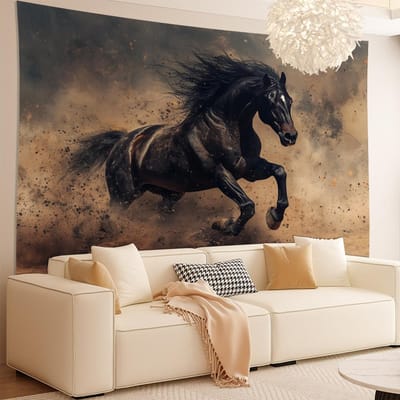 Majestueux Cheval Noir Tapisserie Murale, Étalon en Courbette Dans Tempête de Poussière, Décoration Animalière Dynamique Pour Salon 70x100cm28x39in black