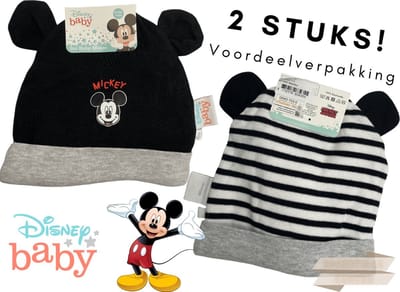 Mutsjes Mickey Mouse - Disney - Mutsjes - 2 Stuks - Muts met Oortjes Voor Baby's - Zwart - Zwart Wit Gestreept - Maat 74/80