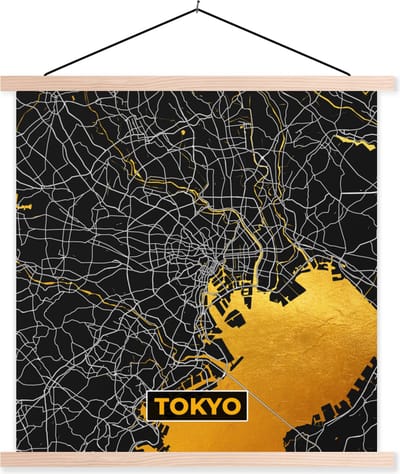 Posterhanger incl. Poster 40x40 cm - Schoolplaat - Tokyo - Stadskaart - Goud - Plattegrond - Kaart - Textielposter - Blanke latten - Stadskaart