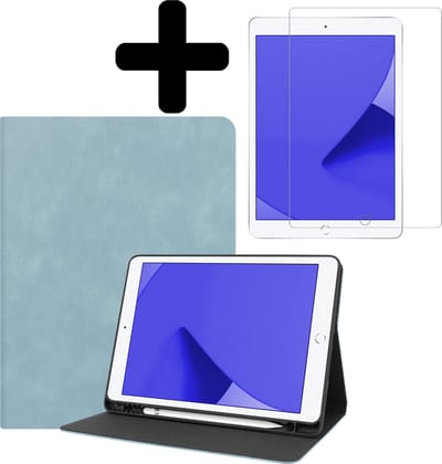 Hoes - Geschikt voor Apple iPad 9 (2021) - 10.2 inch - 9e Generatie - Met Screenprotector - Luxe Bookcase - Hard Cover Case - Met Uitsparing Geschikt voor Apple Pencil - Hardcover Book Tablet Hoesje - Lichtblauw